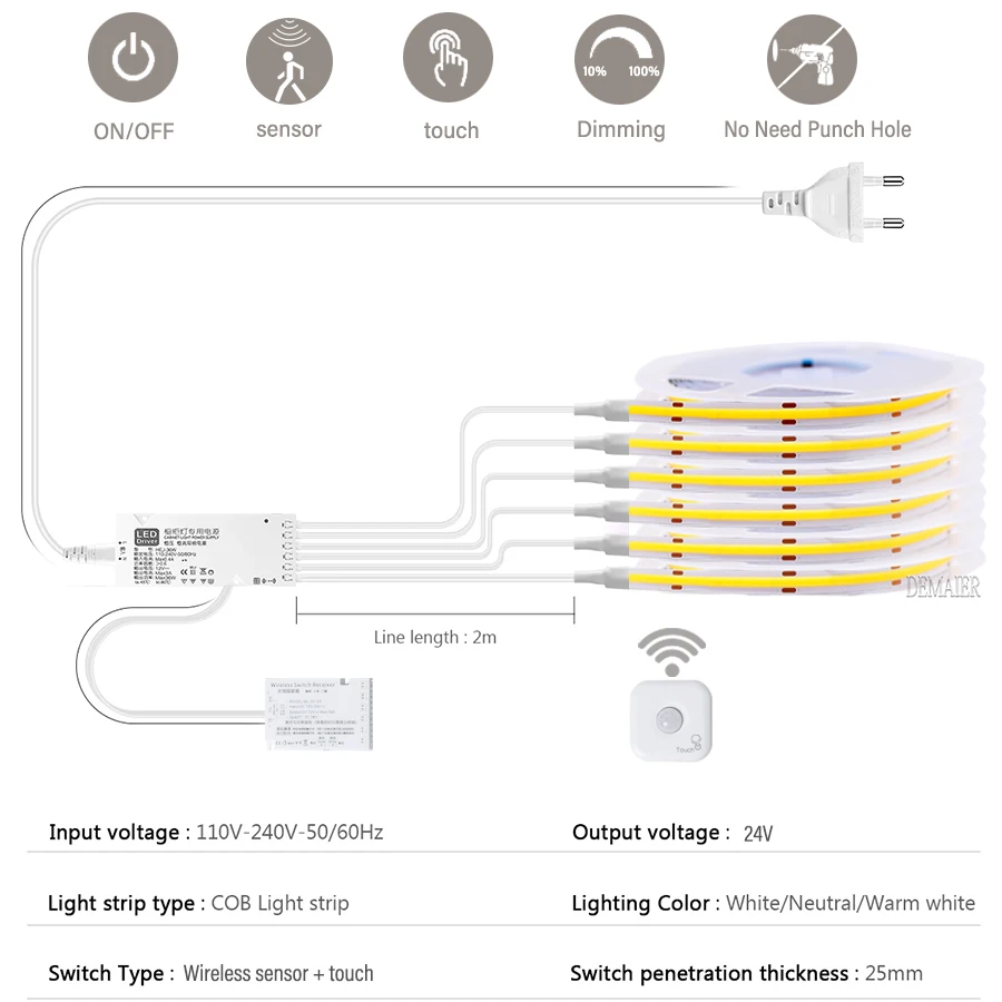 COB LED Strip Light para Under Cabinet Coleção, sem fio Motion Sensing, Toque Mão Scan, Regulável Bar, Lâmpada da noite, Estante Roupeiro