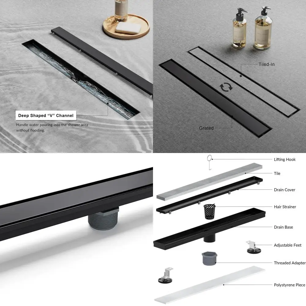 

24 Matte Black Shower Drain, Reversible Flat/Tile Stainless Steel Cover, Adjustable Feet, Hair Catcher