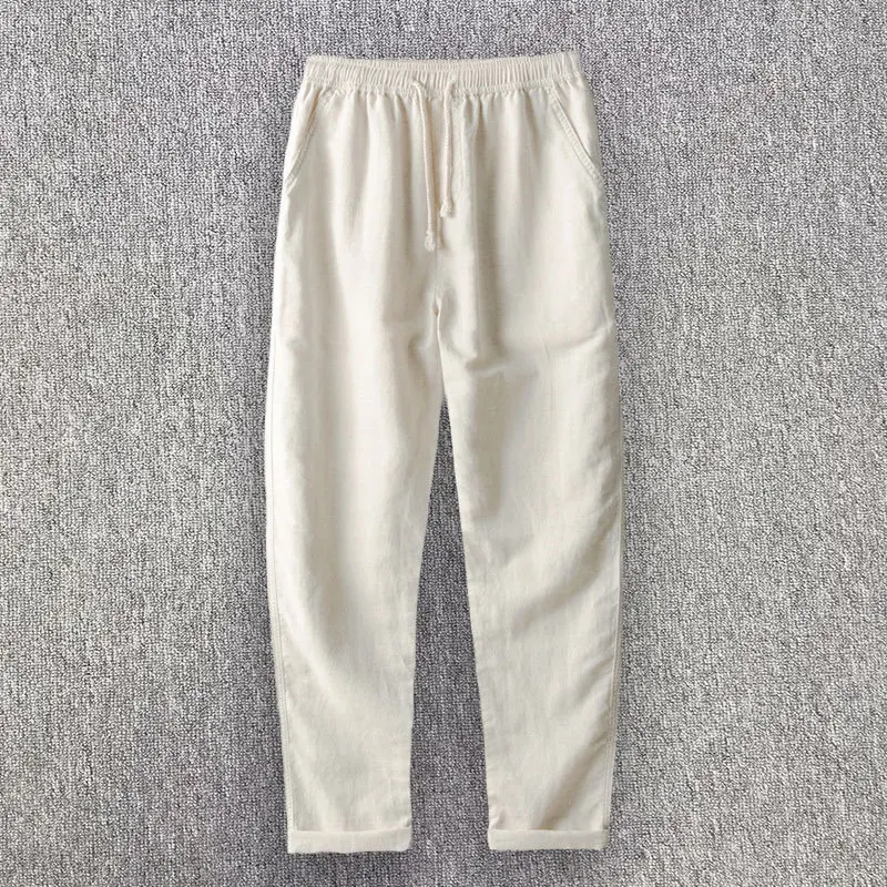 

Men's Casual Linen Pants Elastic Waist Drawstring Beach Summer Pants Lightweight Linen Loose Straight Tube Trousers