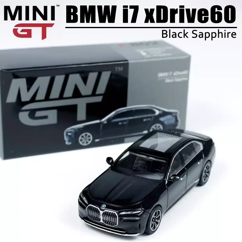 Minigt escala 1/64 bmw i7 xdrive60 brinquedo de liga de safira preta modelo de metal fundido presente