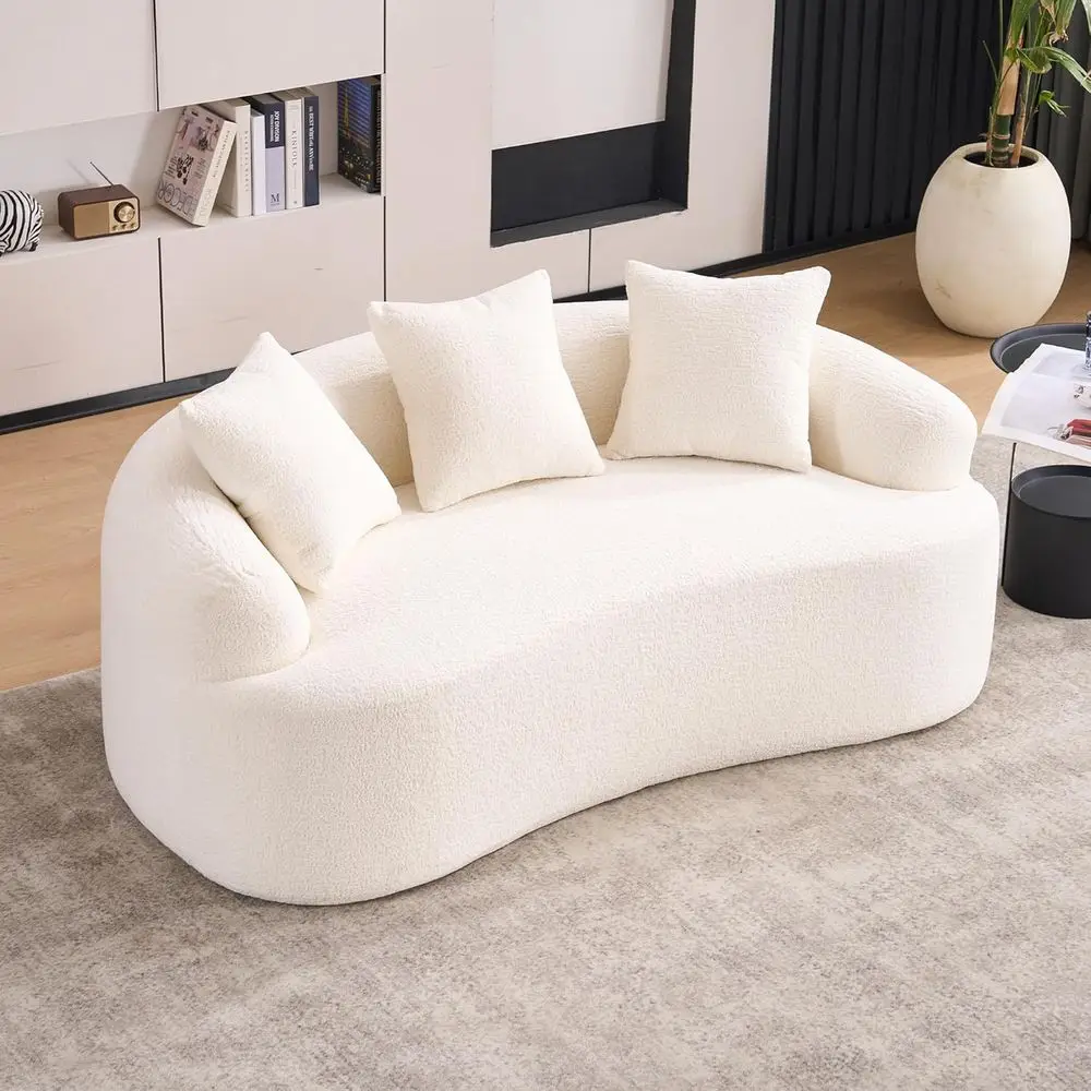 

65 Plush Chenille Deep Seat Curved Sofa for Living Room, Cream White, 3 Throw Pillows, Small Space Friendly, No Assembly