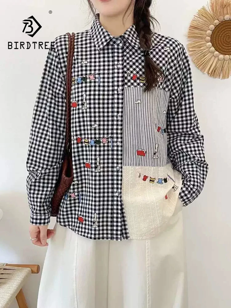 New 2026 Autumn Women Cotton Long Sleeve Shirt, Turn-down Collar Embroidery, Mori Girl Korean Plaid Chic Loose Blouse T69681CC
