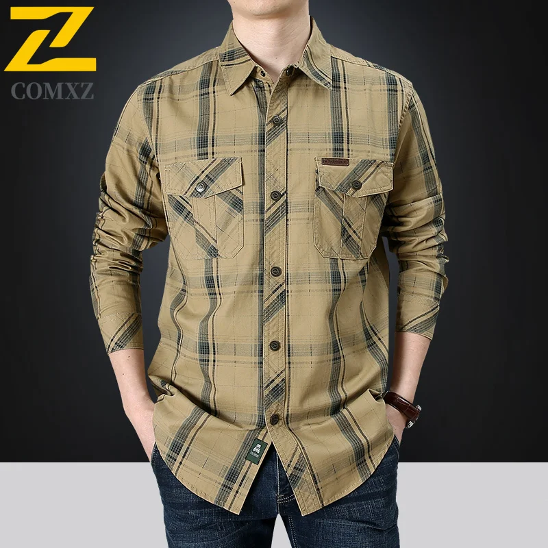 Men's Plaid Shirt Spring and Autumn New Retro Cotton Multi-Pocket Long Sleeve Shirts Male plus size 5xl Casual Loose Button Tops