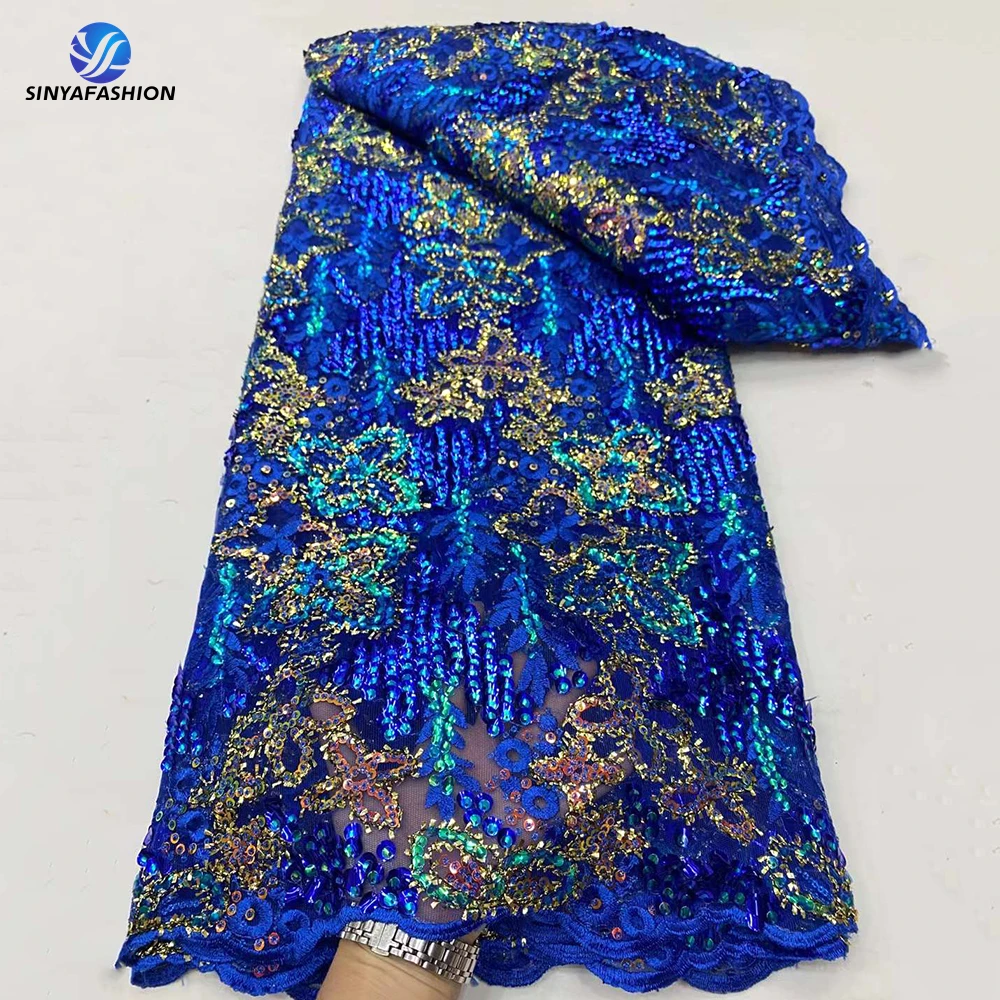 Sinya Royal Blue African Lace Fabric 2024 High Quality Nigerian Lace With Fully Shiny Sequins Embroidery French Mesh Lace