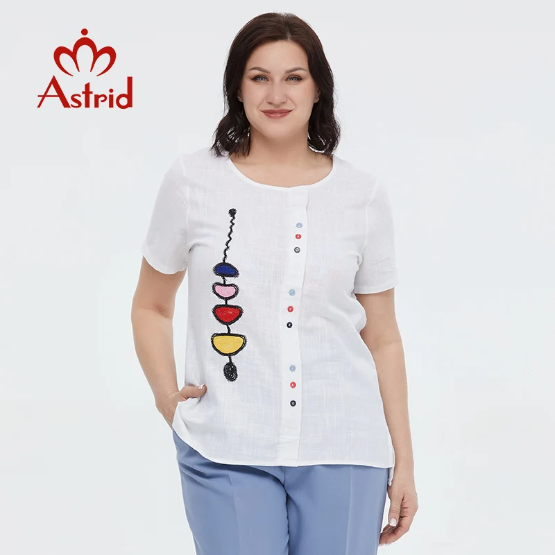 Astrid Summer Women\'s T-shirt 2023 Cotton Linen Top Female Oversized Short Sleeve Tee Colorful Sequins Button Fashion Clothing