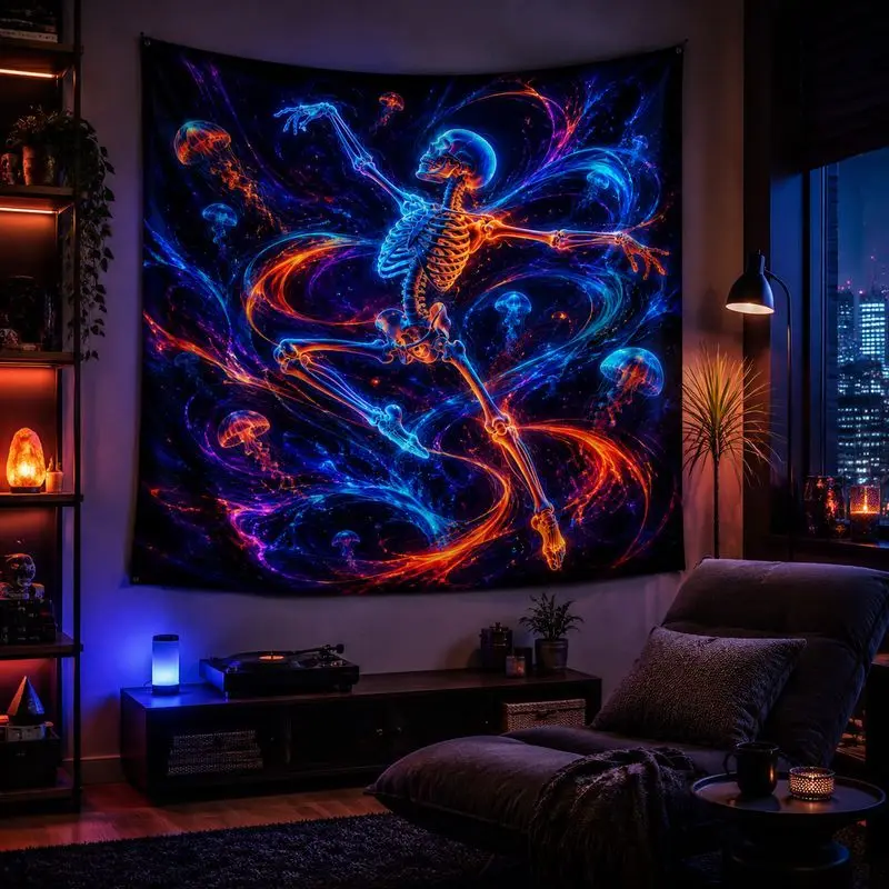 VIKAMA Skull Human Blacklight Tapestry, Neon Galaxy Wall Hanging, Psychedelic Blanket for Bedroom Dorm Decor