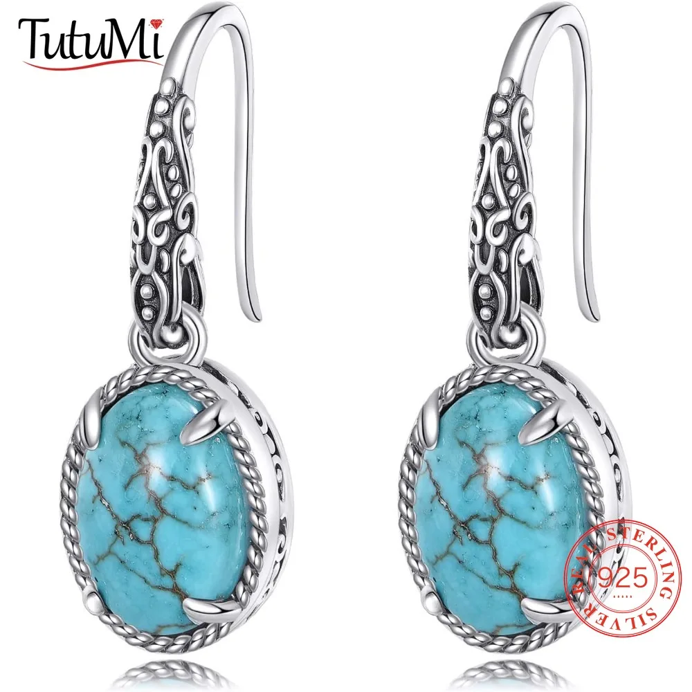 

Винтажные висячие серьги из стерлингового серебра 925 пробы с натуральной бирюзой, овальные серьги с камнем 8X10 мм, серебряные украшения в стиле ретро для женщин