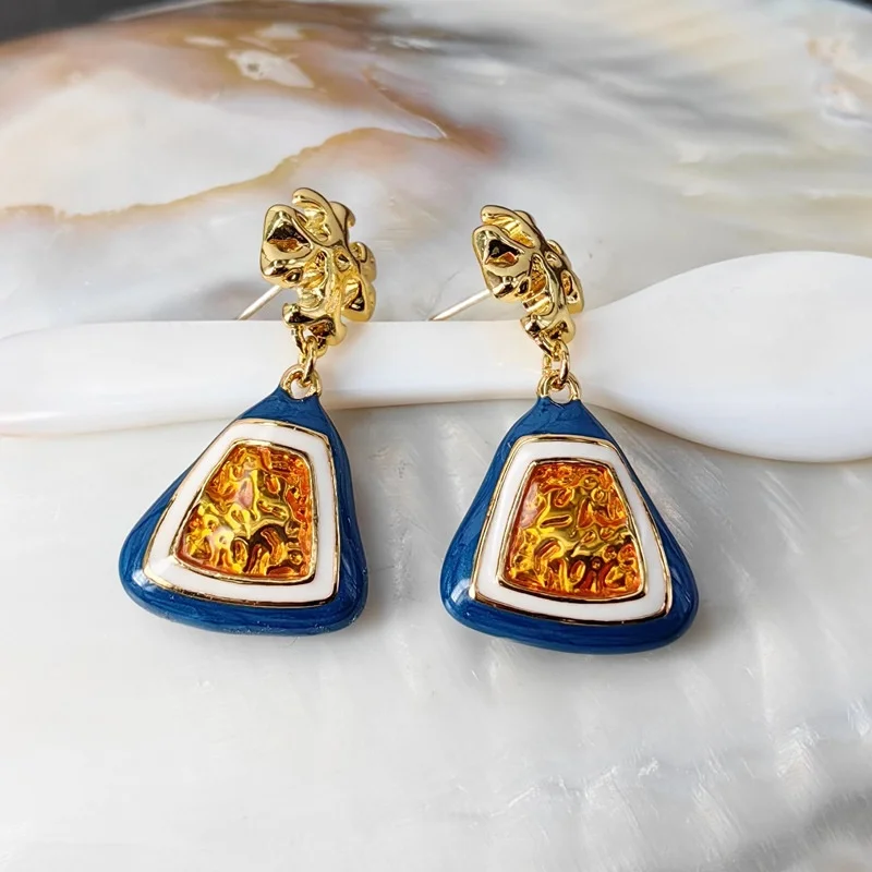 

Chunky 18K Gold Filled Blue Enamel Drop Dangle Earrings Natural Chalcedony Geometic Uneven Earrings For Women Replica Jewelry