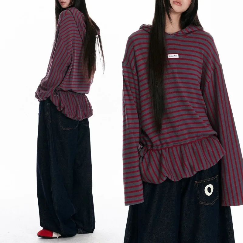 Long-sleeved Pullover Fashion Casual Loose Striped Contrasting Color Hooded Loose Sweatshirt Women's Autumn and Winter Tops