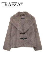 TRAFZA Elegant Woman Winter Turn-Down Collar Long Sleeve Warm Loose Outerwear Women Short Faux Fur Jackets Casual Coat Mujer