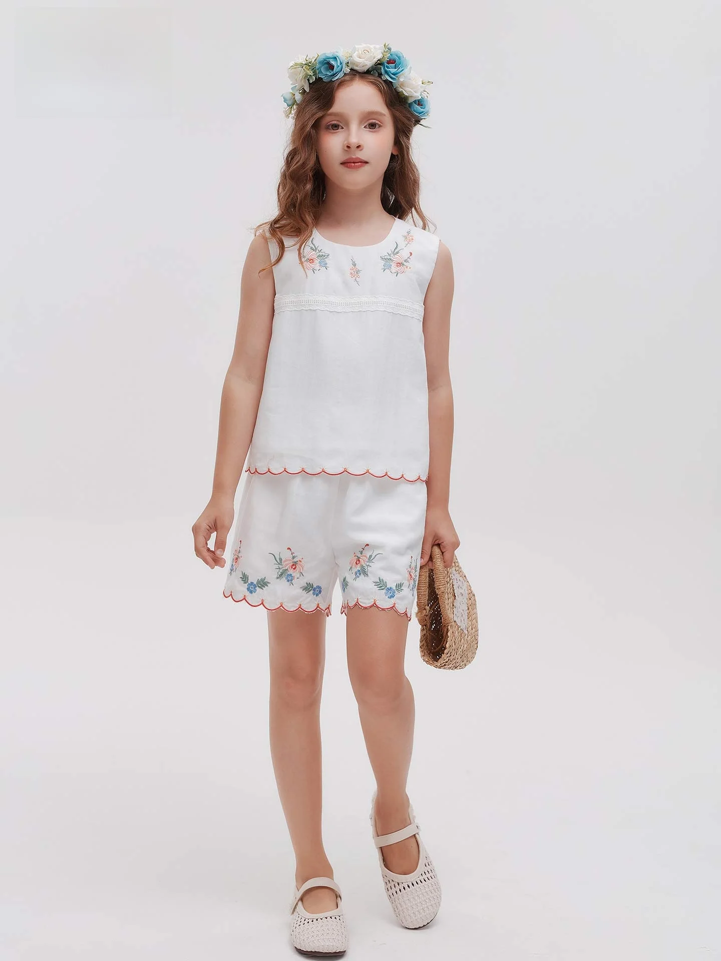 girls'-ethnic-style-summer-outfit-short-sleeve-embroidered-top-and-shorts-two-piece-set-for-vacation-breathable-lightweight-c