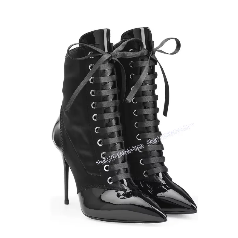 Black Mid Calf Lace Up Leather Boots Thin High Heel Pointed Toe Fashion Sexy Cool Western Winter Woman Shoes Zapatilla Mujer