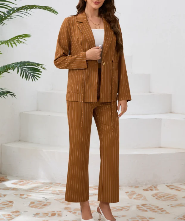 2024 Women's New Striped Stand Up Collar Waist Drawstring Jacket and Elegant Straight Leg Pants Set In Stock Hot Items