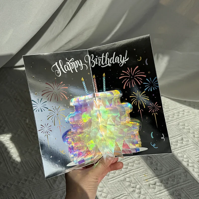 

1 pcs 3D Pop up Style Creative New Product Birthday Sparkling Cake Happy Birthday Card Handwritten Gratitude Message Card Gift