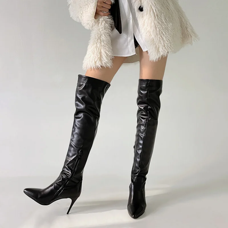 2023 Winter Over Knee Thigh Long Boots Pointed 7.5cm Thin Heel Silver Women\'s Thigh Boots Oversize 34-48 Elastic Women\'s Shoes