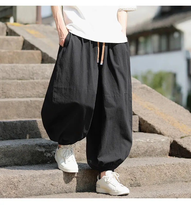 Modische Herrenhose im japanischen Stil, Haremshose, lockerer Schnitt, 100 % Baumwolle, Herrenhose für Frühling und Sommer, einfarbige Hose – Detail 12