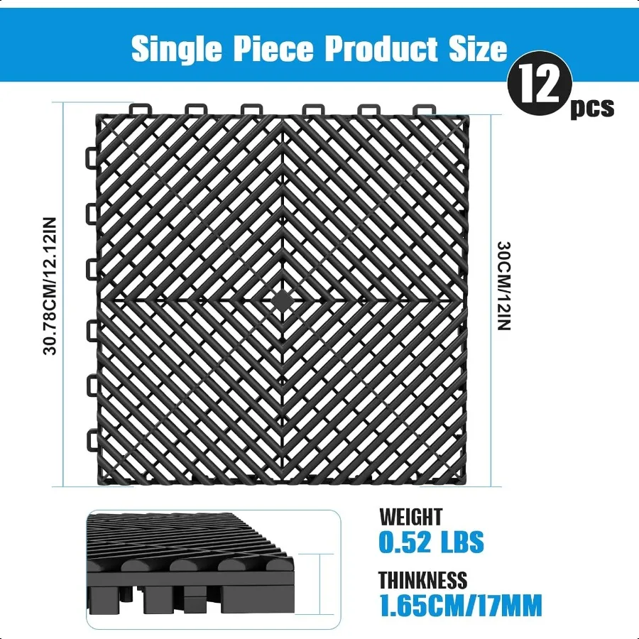 12Pcs Interlocking Tile 12" x 12" Indoor Outdoor SelfDrainage Interlocking Floor Tiles NonSlip HeavyDuty Polypropylene Splicing