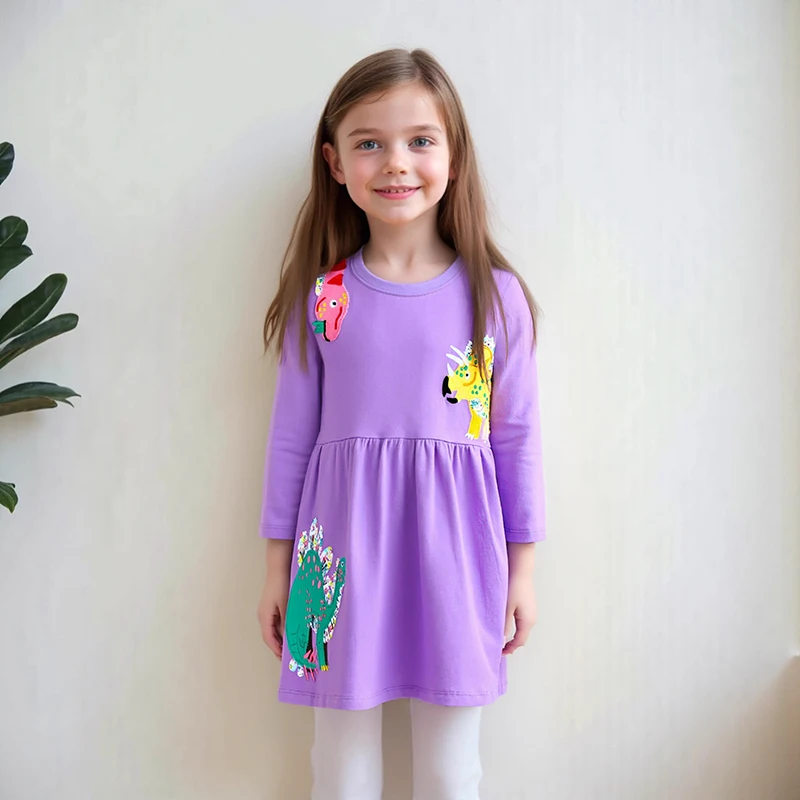 Little Maven Baumwolle Baby Mädchen Freizeitkleid Cartoon Dinosaurier Mädchen Lange Ärmel Lila Kleider für Mädchen Party Kostüme Frühling