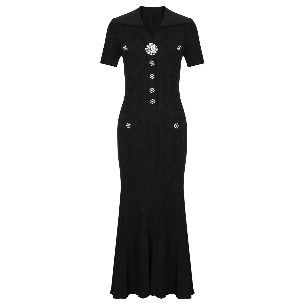 

High Quality Elastic Knitted New Fashionable Lapel, Big Flower Button Short Sleeved Slim Fit Fish Tail Casual Women's Dress