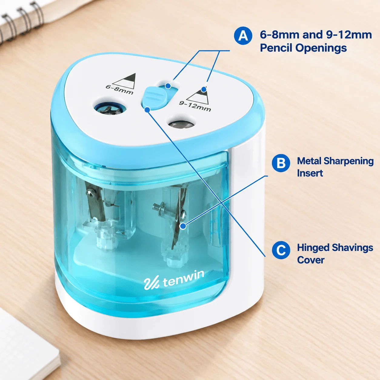 Dual-Hole Electric Pencil Sharpener, 6-8mm and 9-12mm Pencil Openings, Metal Sharpening Insert, Hinged Shavings Cover, Safety-Lock Lid, for Drawing, School, Home and Office Pencil Sharpening, Plastic, 70 x 70 x 75mm, blue, silver or pink