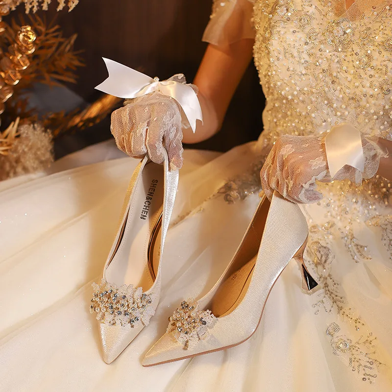 

Exquisite Women Wedding Shoes Fashion Imitation Pearl High Heels for Woman French Style Casual Shoe Designer Shoes Zapatos Mujer