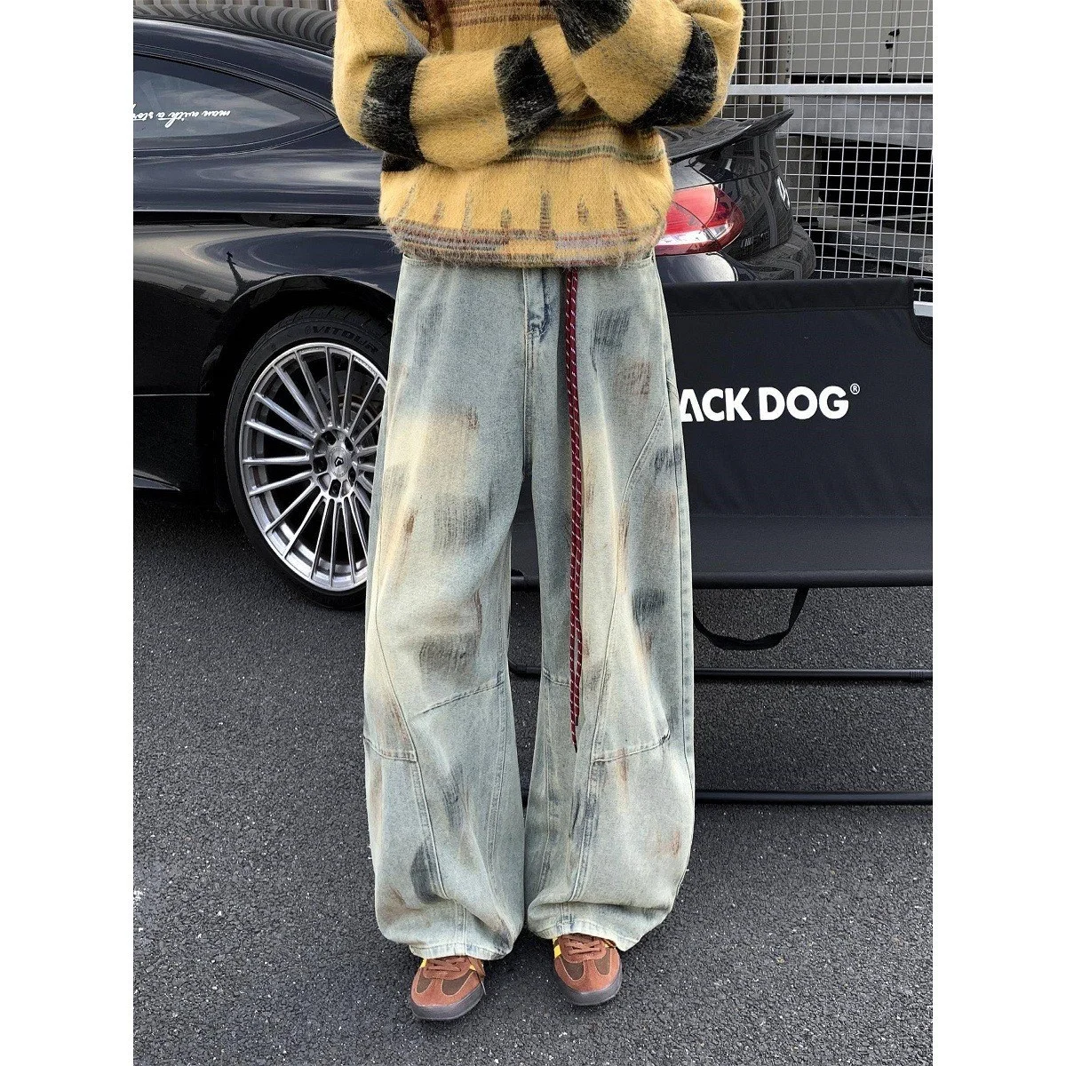 

Men's Street Sle Faded Waed out Jeans Knife Wide Leg Lazy Loose Fit Straight Tube Cuff Medium Waist No Brand