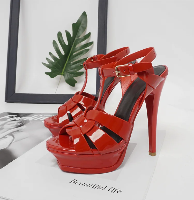 

Platform Peep Toe Summer Women Sandals Ins Style Patent Leather Ultra-High Heel Fashion Solid Sandals T-Strap Slingback Pumps