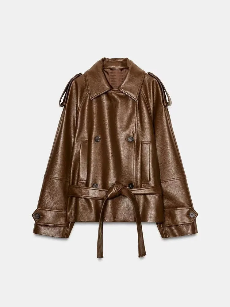 

Spring 2026 Women's Faion Sweet ort Leather Jaet Comfortable Casual Sle Long Sve Coat with Stand Collar And Belt