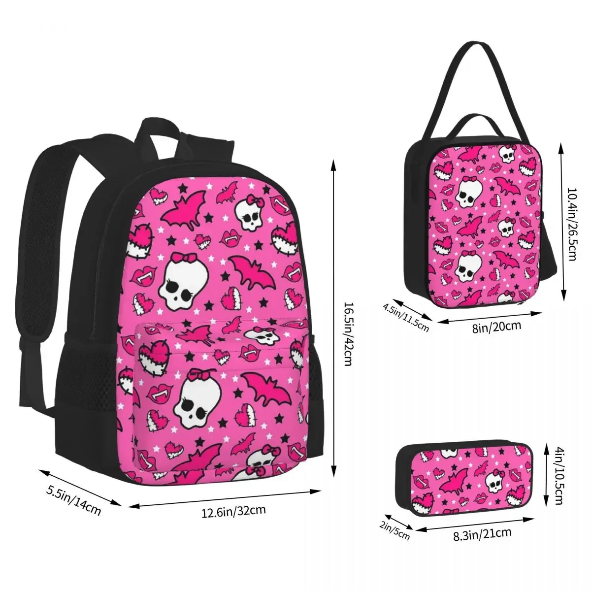 Monster High Pretty Pink Pattern Backpacks Boys Girls Bookbag Students School Bags Rucksack Lunch Bag Pen Bag Three-Piece Set