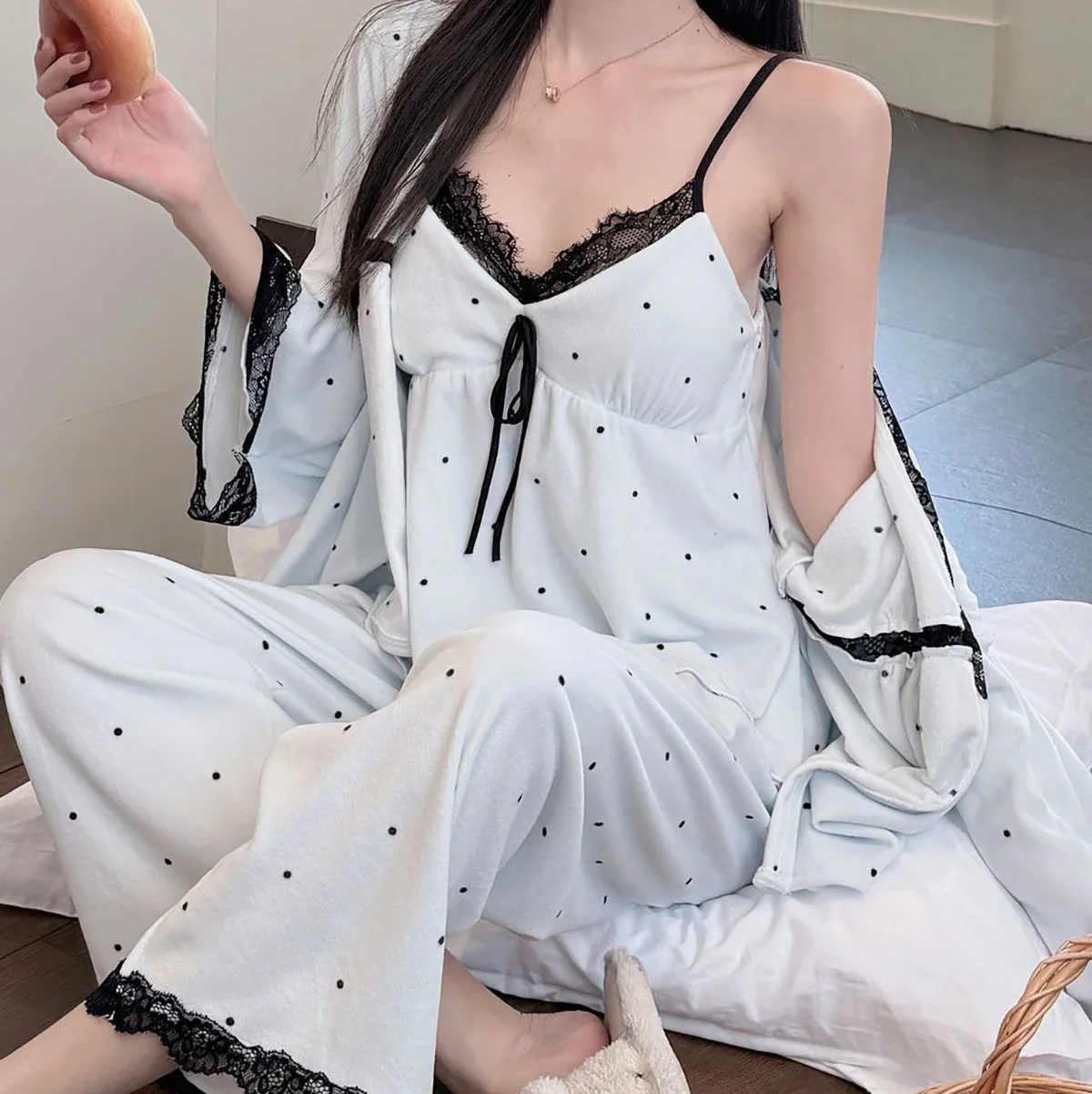 Double Island Velvet Pajamas Sexy Winter Hanging Sexy Three Piece Set with Chest Cushion Warm Polka Dot Girls Home Clothes