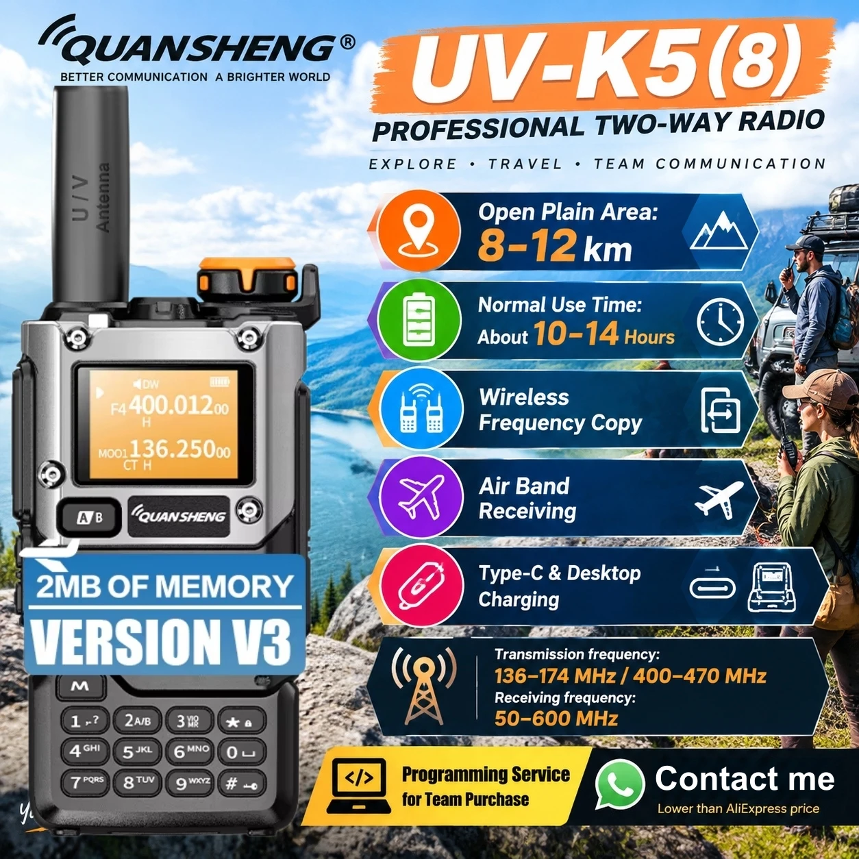 Quansheng Uv-K5(8) Walkie Talkie Air Vhf Uhf Ham Radio Two Way Radio Type-C Charger Outdoor Camping Hiking Communication