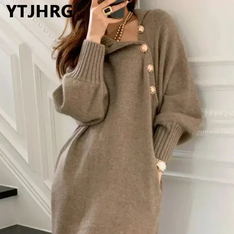 YTJHRG Women\'s Knitting Dresses Turtleneck Party Sweaters Long Sleeve Female Clothing 2024 New Autumn Winter Skirts Pullovers