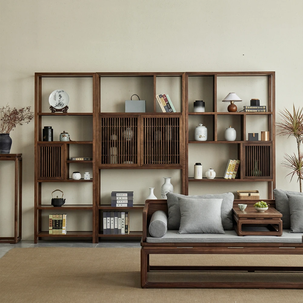 Bookcase combination solid wood Bogu shelf, black walnut living room, Duobao floor-to-ceiling storage