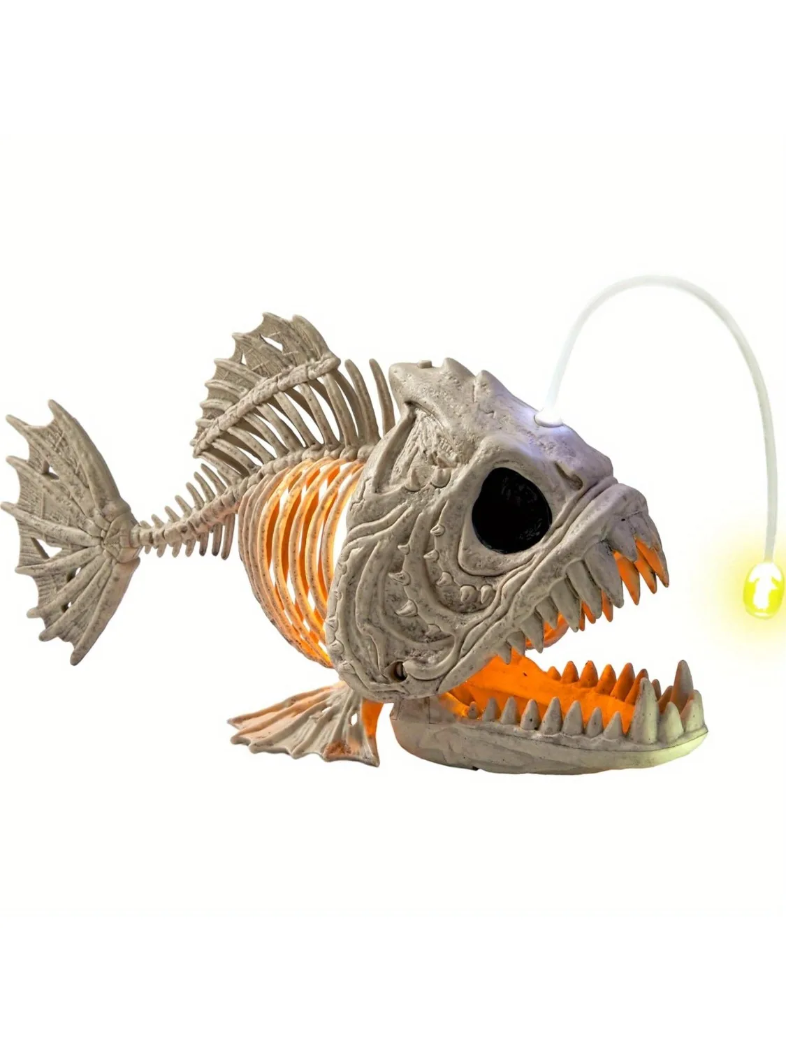 Skelett-Laternenfisch für Halloween mit LED-Auge, Plastikknochen für Halloween-Party, Foto-Requisite, Dekoration, Friedhof-Dekor, für drinnen und draußen, gruselige Szenerie (26 cm * 14 cm * 7,6 cm)