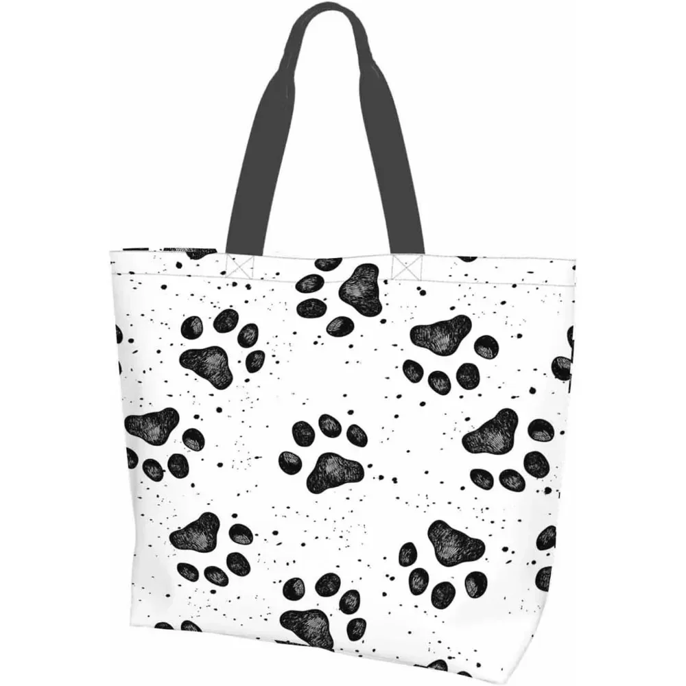 Black Dog Paw Tote Shopping Bag for Women Beach Bag Portable Waterproof Handbag Reusable Grocery Bags for Travle Shopping School