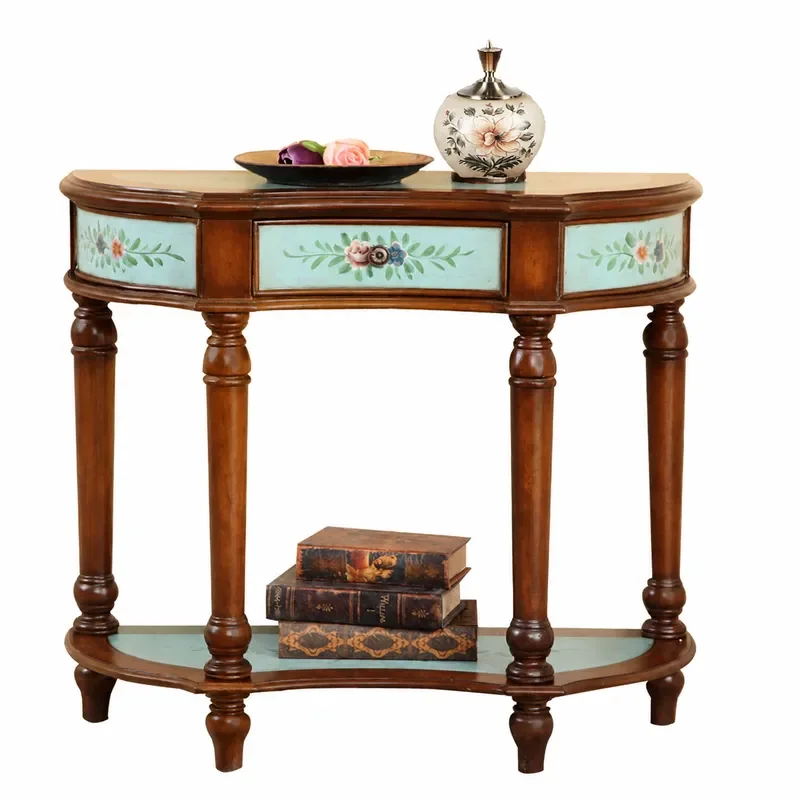 Retro Blue Semi Round Entryway Table American Country Style Pastoral Decorative Cabinet for Foyer Corridor Hallway Console