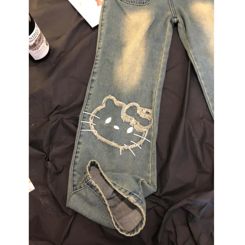 Vintage Hello Kitty Wide Leg Jean Y2k Embroidered High Waist Denim Pant High Street Button Straight Jean Baggy Trouser For Women