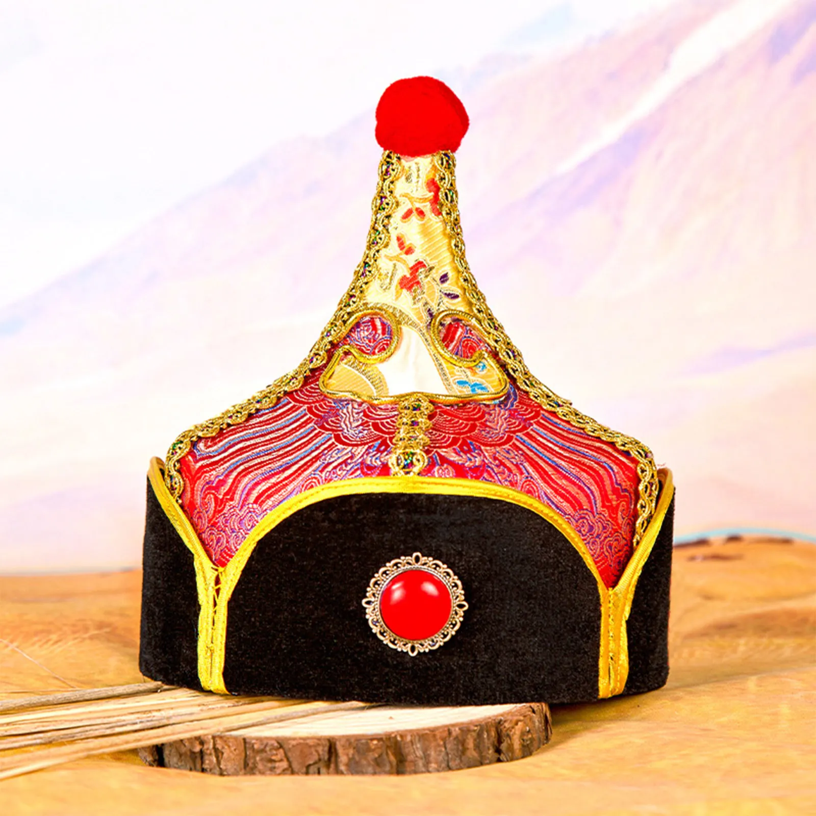 Mongolski kapelusz z delikatnymi wzorami, kapelusz księcia generała, ozdobny, dla mężczyzn, akcesoria do kostiumów, na występy sceniczne.