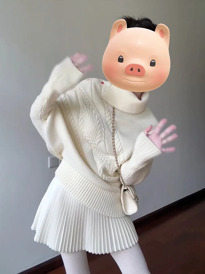 Lockerer Strickpullover für Damen, Herbst und Winter, schöne Rollkragenfarbe, Knopf, asymmetrischer Mantel, Strickwaren, lässig, Faion