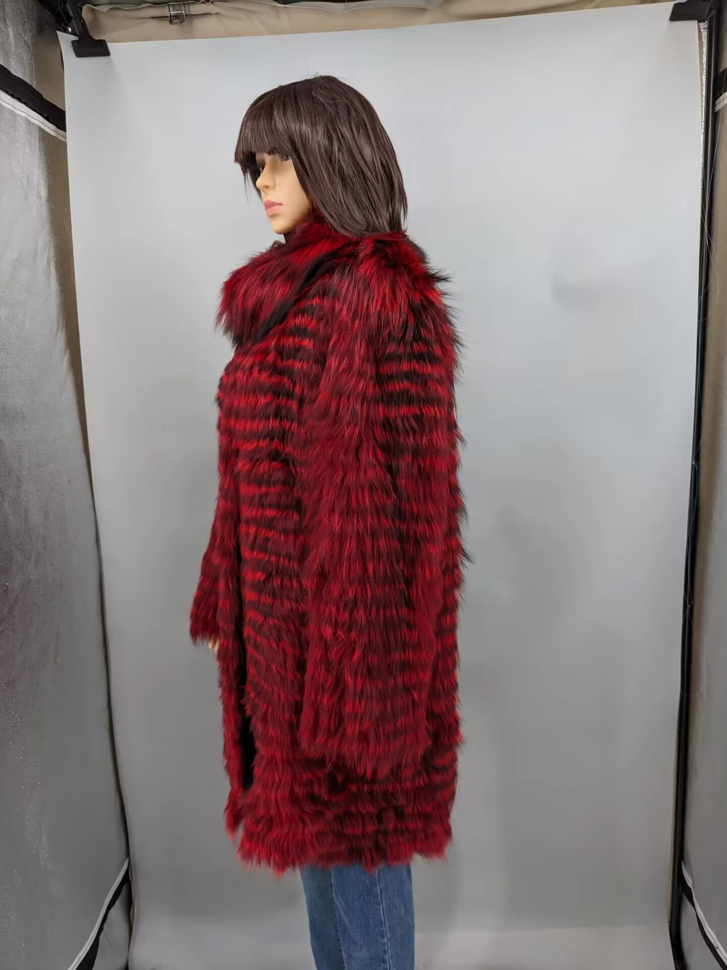 Women's Striped Real Silver Fox Fur Coat, Long Cardigen with Wool Lining, Big Size Clothes, Elegant Outwear, Spring, Lux18A09164