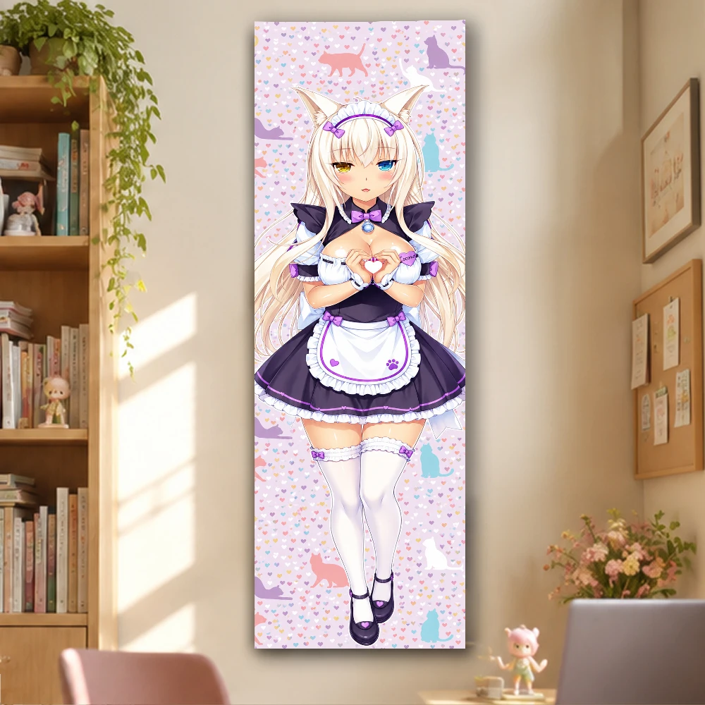 Vanilla Blonde Cat Girl Purple Frill Maid Dress Heart Hand Gesture Colorful Cat Silhouette Pink Background Vertical Tall Anime