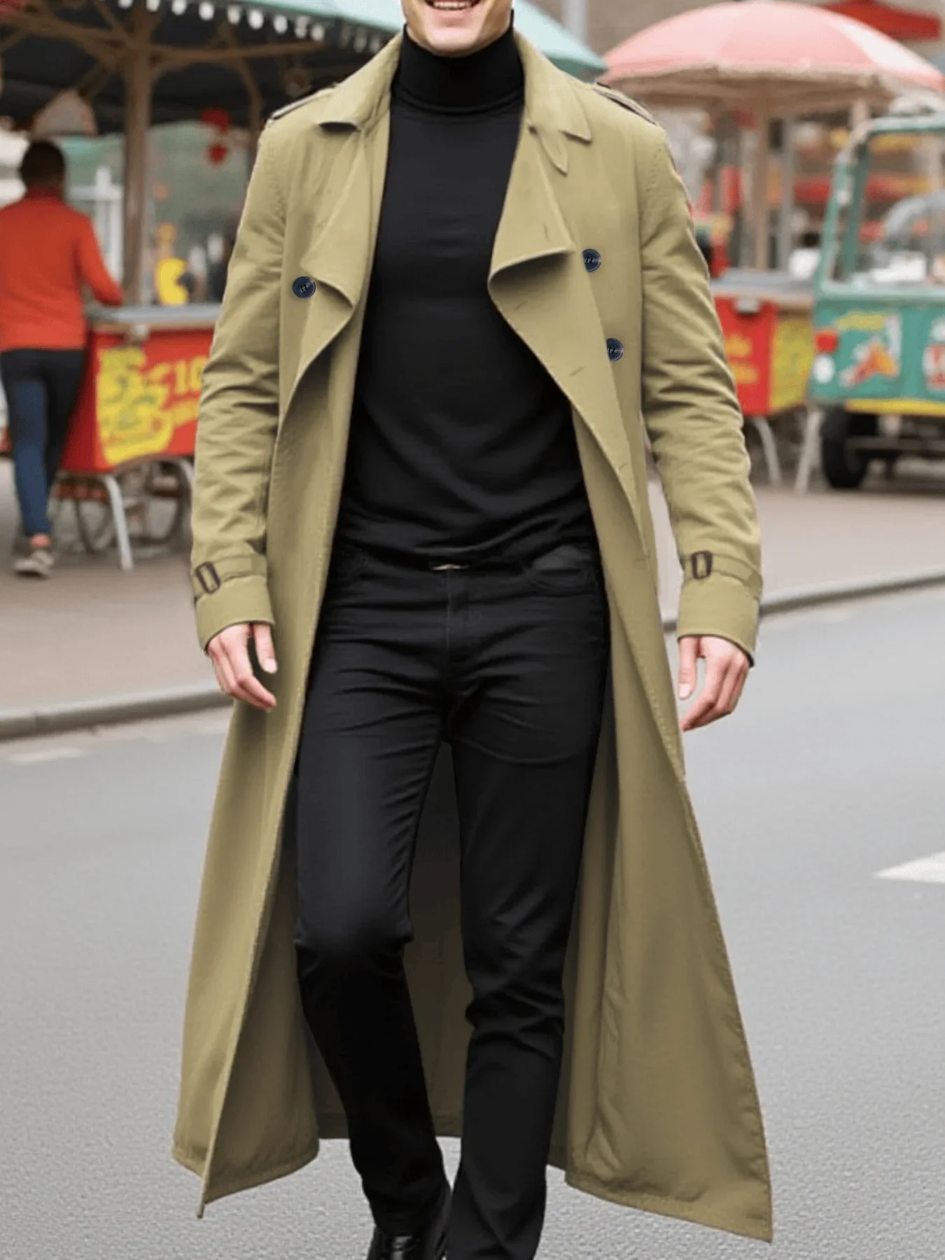 Men's Fashion Long Trench Coat For Autumn Exquisite Buttons Business Casual Style European And American X-Long Trend With Belt