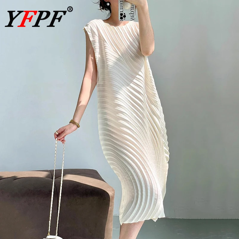 

YFPF Miyake Pleated Irregular Design Dress Women Fashion Sleeveless O Neck Long Dresses Elegant 2025 Summer New Clothing