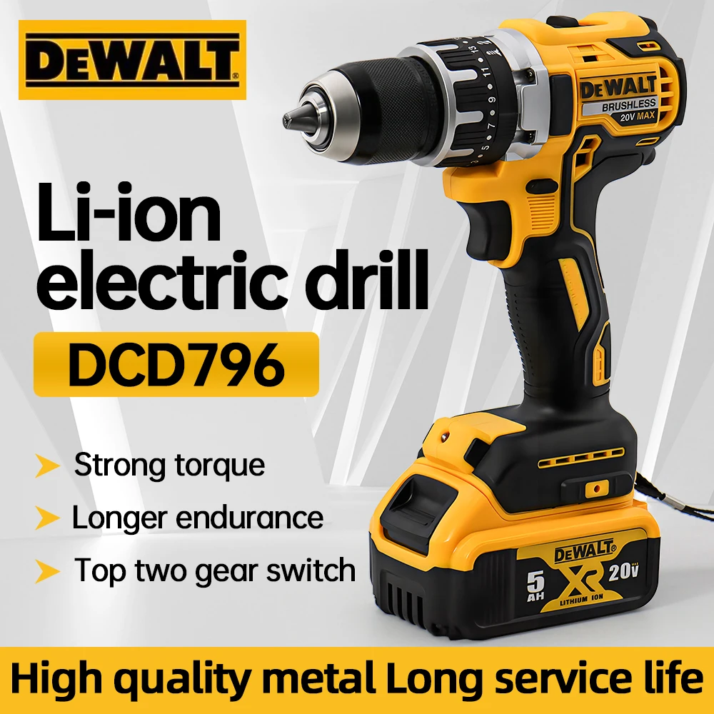 Dewalt-DCD796 Furadeira Elétrica Sem Fio, Ferramentas Elétricas Recarregáveis, 2000RPM, Velocidade Ajustável, Chave de Impacto 65NM, Broca e