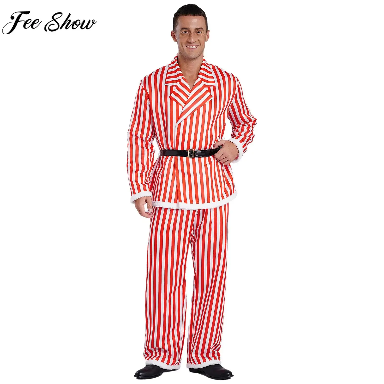 Men Christmas New Year Party Clothes Xmas Carnival Santa Claus Cosplay Costume Long Sleeve Lapel Striped Blazer with Pants Belt