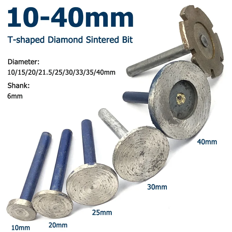 Rebaba sinterizada de diamante en forma de T, broca de grabado, vástago de 6mm para herramientas rotativas Dremel, 1 piezas, 10, 15, 20, 21,5, 25,