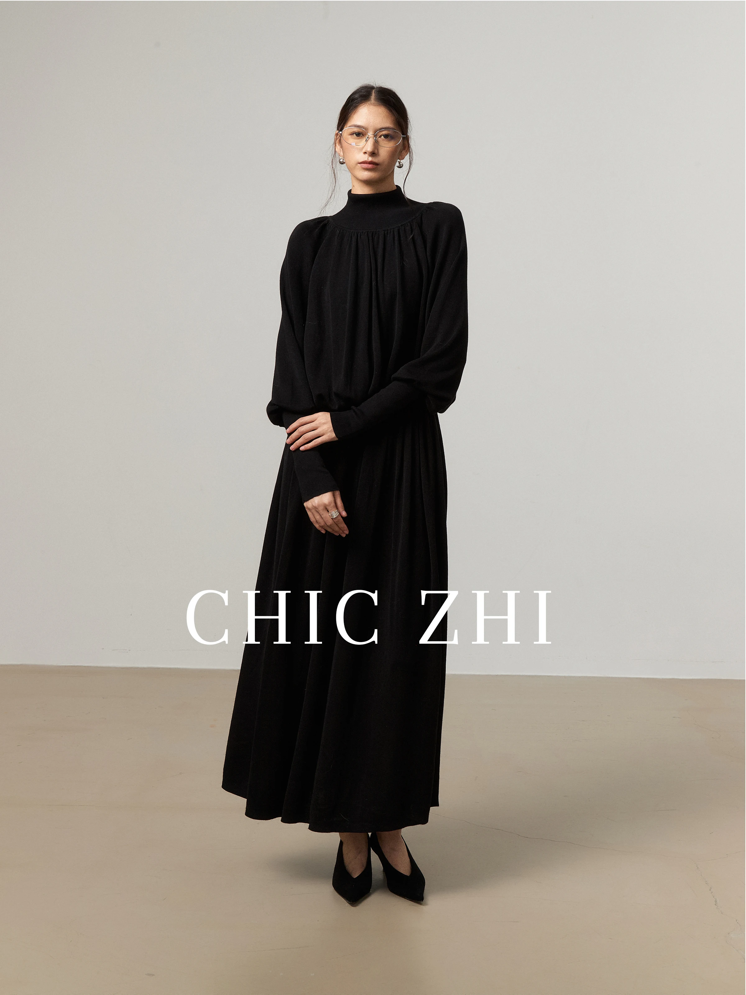 Elegant Pure  Two-Piece Set Women's Semi-High Collar Gathered Lantern Sleeve Top High-Waisted Skirt Minimalist Style