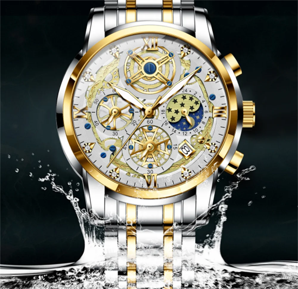 빈본드 남성용 명품 시계 오리지널 방수 야광 날짜 표시 남성 시계 크로노그래프 스테인리스 스틸 쿼츠 남성 시계 레로즈