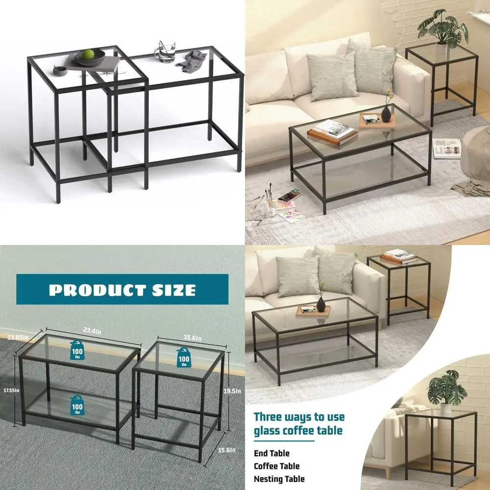 

Modern 2-Tier Glass Coffee Table Set, Compact for Living & Bedroom Spaces, Black Tempered Glass with Metal Frame, Easy Assembly
