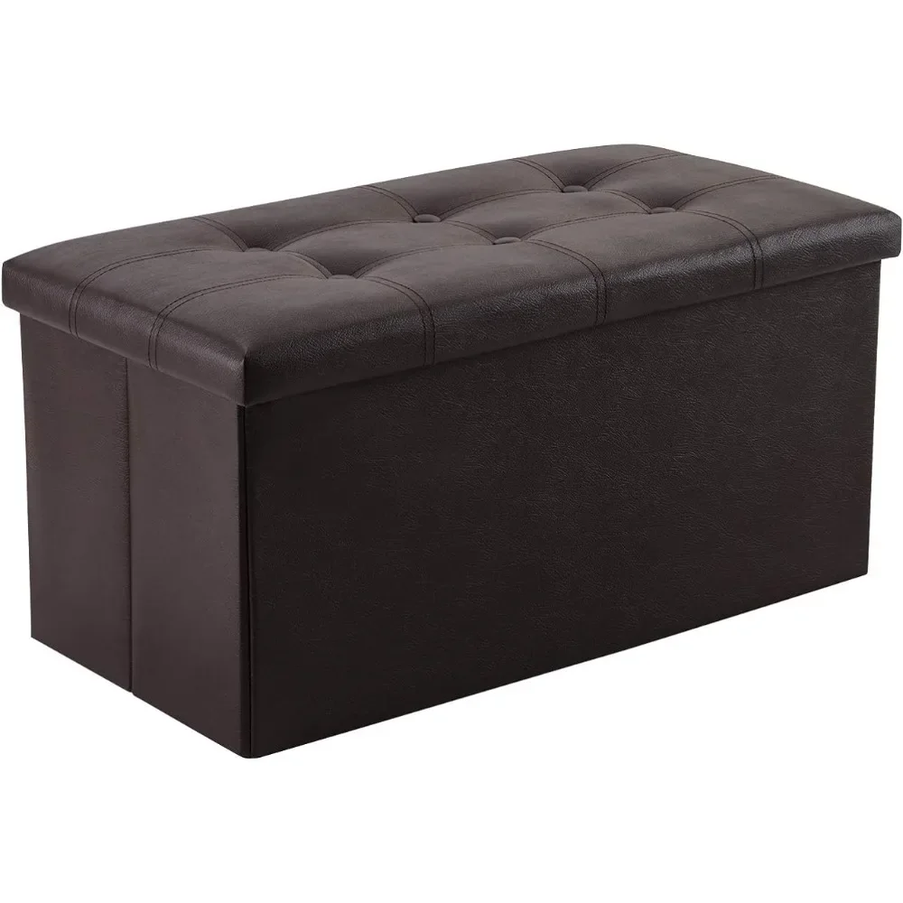 

30 inches Folding Storage Ottoman, 80L Storage Bench for Bedroom and Hallway, Faux Leather Brown Footrest with Foam Padded Seat